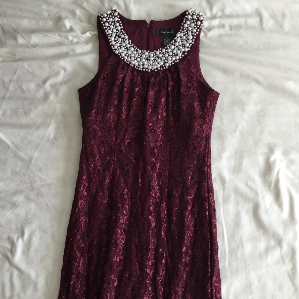 Lace Maroon Dress with Beaded Necklace